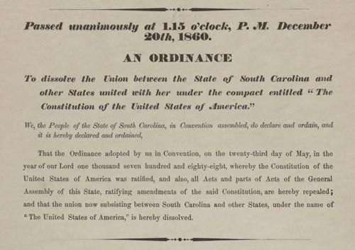 South Carolina Ordinance of Secession. Courtesy SC Digital Library